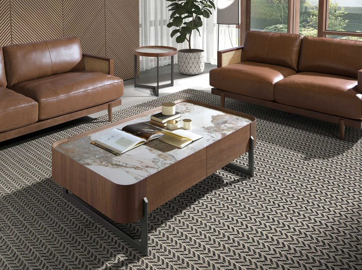 Mesa centro rectangular mármol porcelánico, nogal y acero visón metal