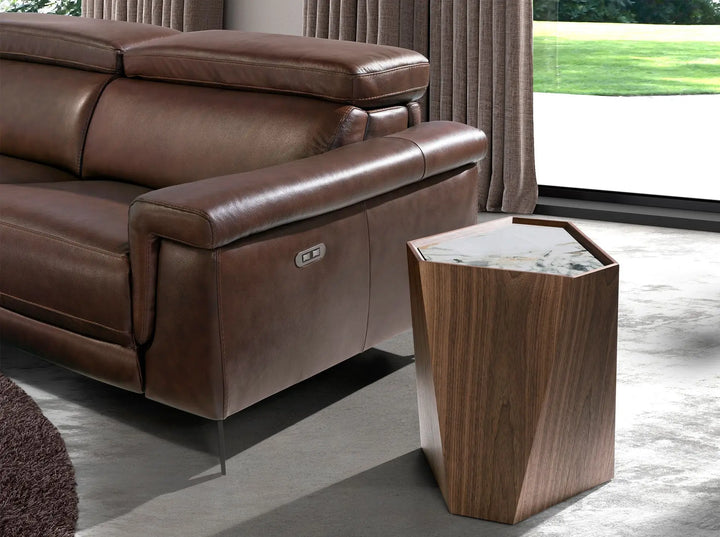 Mesa rincón triangular mármol porcelánico y nogal