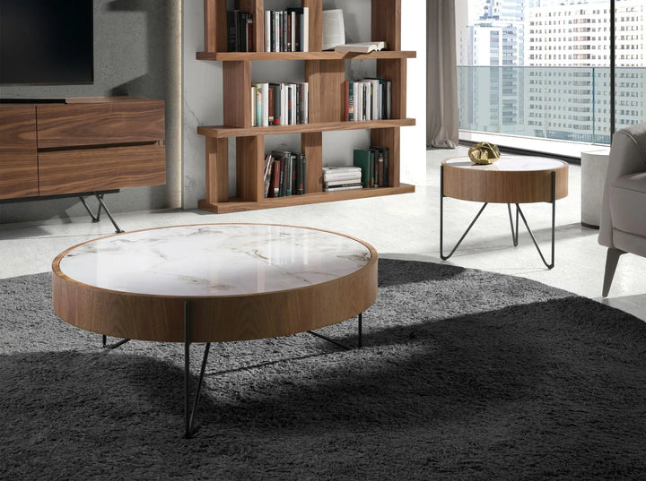 Mesa centro redonda mármol porcelánico, nogal y acero negro