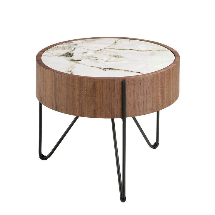 Round corner table in porcelain marble, walnut and black steel