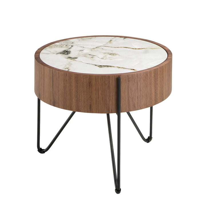 Mesa rincón redonda mármol porcelánico, nogal y acero negro