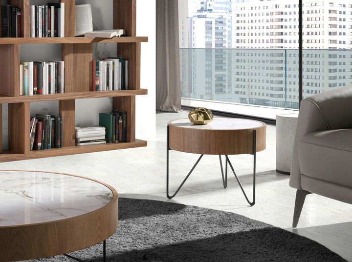 Round corner table in porcelain marble, walnut and black steel