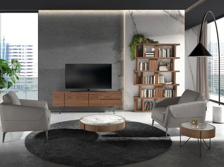 Mesa rincón redonda mármol porcelánico, nogal y acero negro