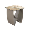 Vierkante hoektafel in porseleinmarmer en metallic taupe staal