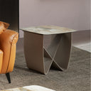 Vierkante hoektafel in porseleinmarmer en metallic taupe staal