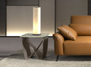 Vierkante hoektafel in porseleinmarmer en metallic taupe staal
