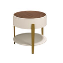 Mesa rincón redonda nogal, madera beige y acero pulido dorado