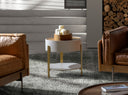 Mesa rincón redonda nogal, madera beige y acero pulido dorado