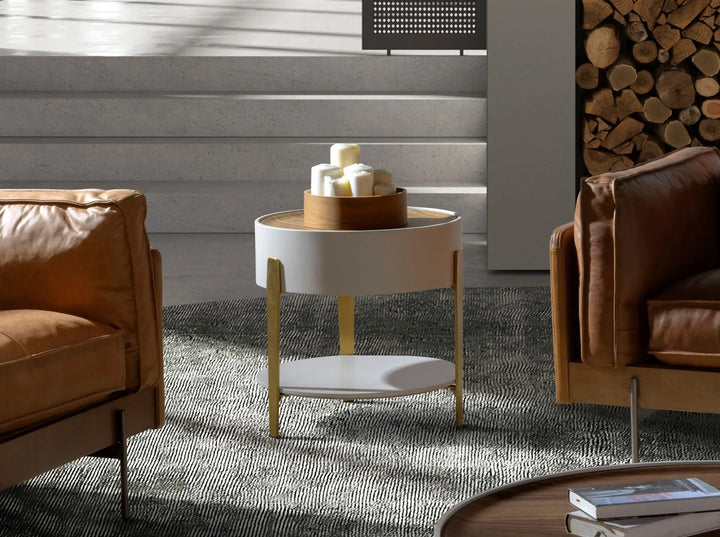 Ronde hoektafel in notenhout, beige hout en gepolijst goudkleurig staal