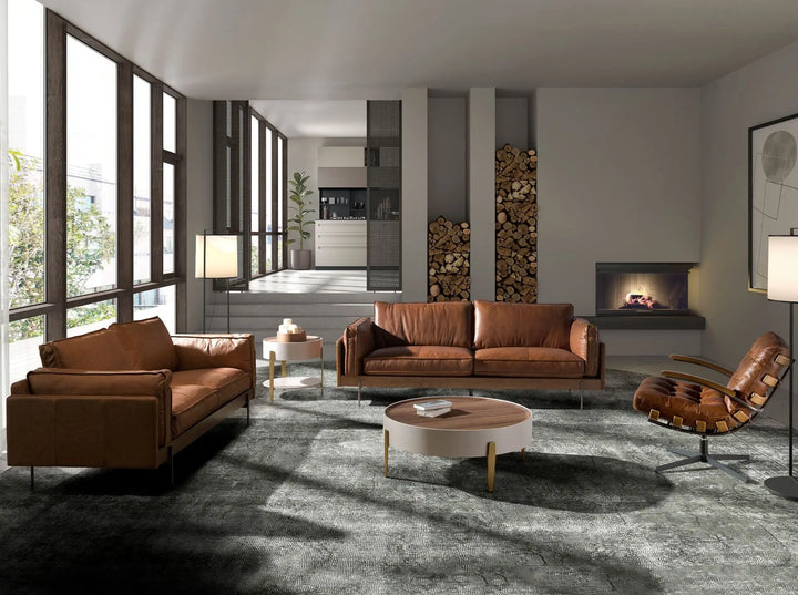 Mesa rincón redonda nogal, madera beige y acero pulido dorado