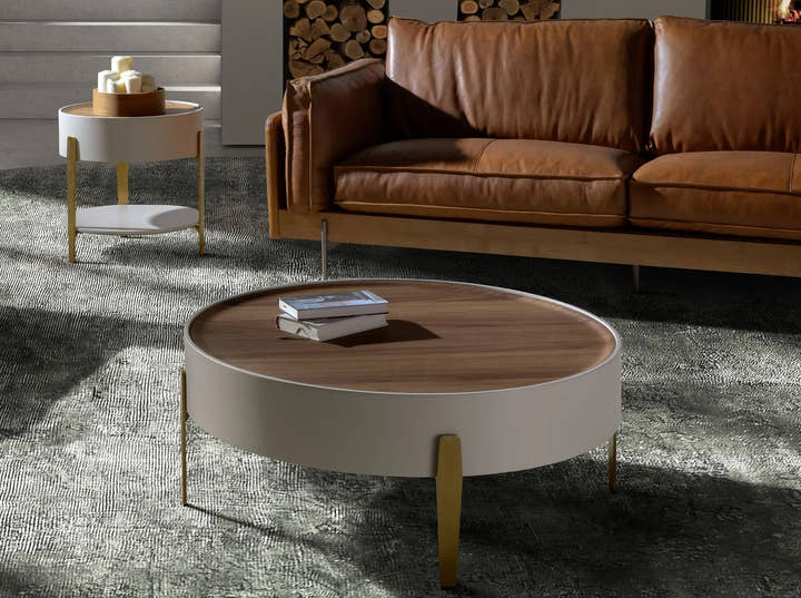 Mesa centro redonda nogal, madera beige y acero pulido dorado - Mesa de centro - El Workshop - Ø92x35cm