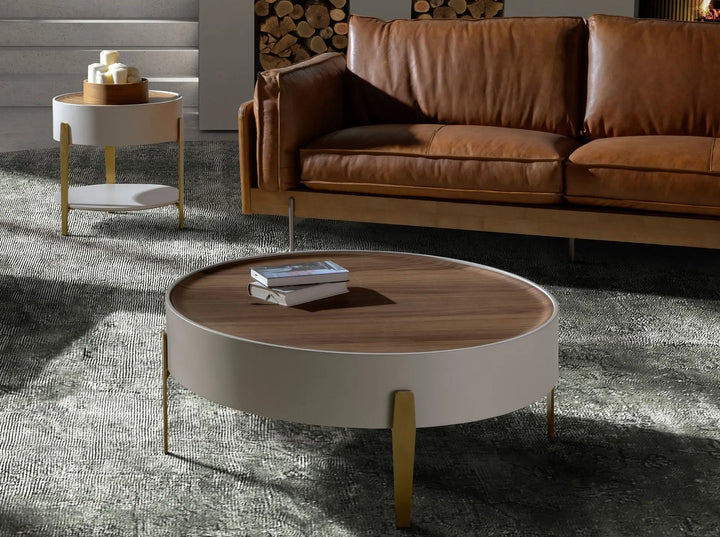 Ronde salontafel in notenhout, beige hout en gepolijst goudkleurig staal