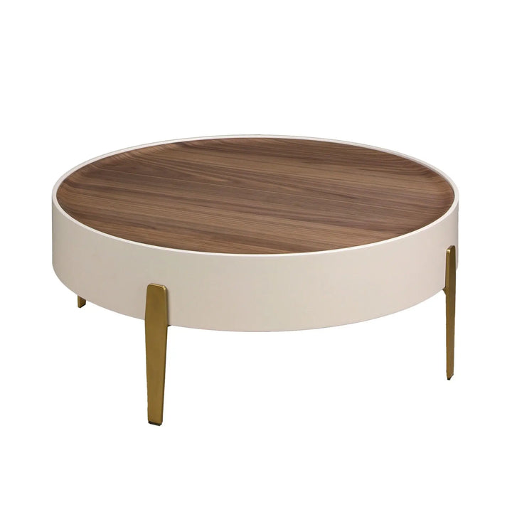 Mesa centro redonda nogal, madera beige y acero pulido dorado