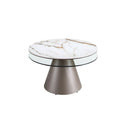 Mesa centro extensible redonda cristal templado, mármol porcelánico y acero gris plata