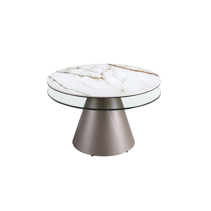 Mesa centro extensible redonda cristal templado, mármol porcelánico y acero gris plata