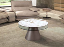 Mesa centro extensible redonda cristal templado, mármol porcelánico y acero gris plata
