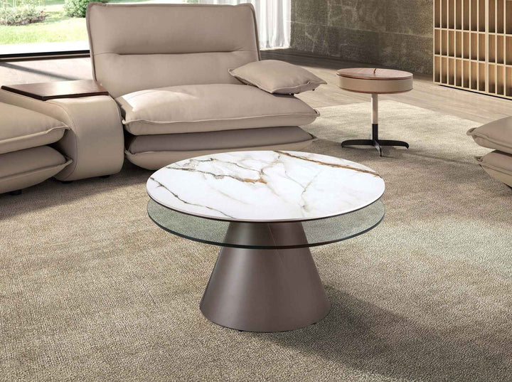Mesa centro extensible redonda cristal templado, mármol porcelánico y acero gris plata