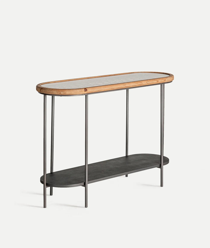 Mesa consola SOLDEN de vidrio, madera y hierro