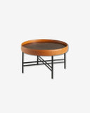Ronde salontafel in kunstleer, walnoot en zwart staal