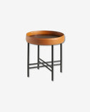 Ronde hoektafel in kunstleer, notenhout en zwart staal