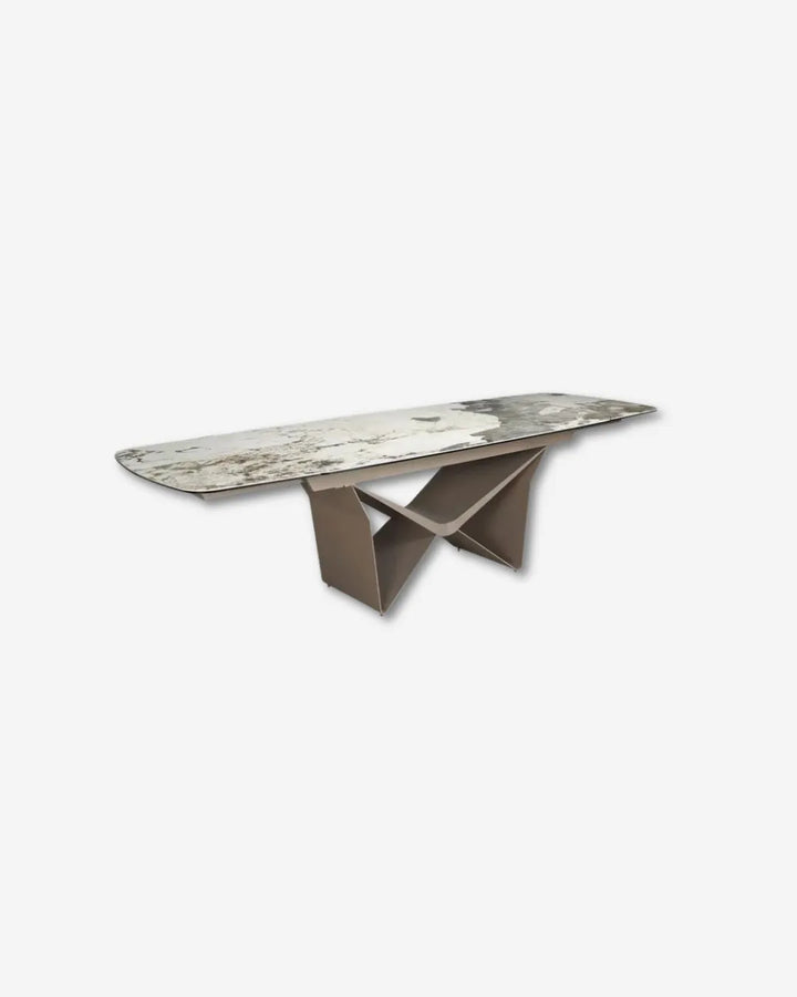 Mesa comedor extensible ovalada barril mármol porcelánico y acero taupé metalizado