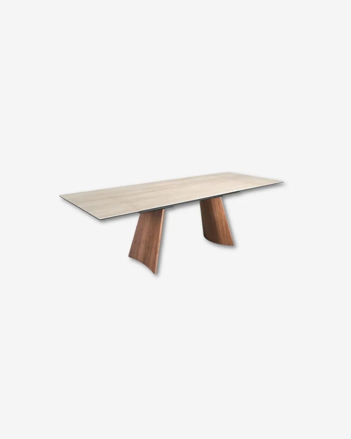 Mesa comedor extensible rectangular mármol porcelánico y acero efecto nogal