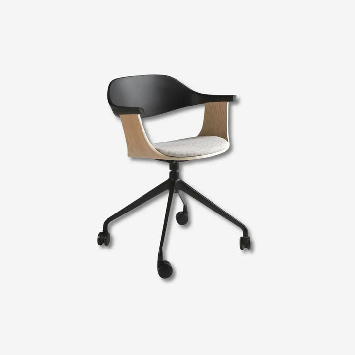 Swivel office chair in light grey fabric and black PVC
