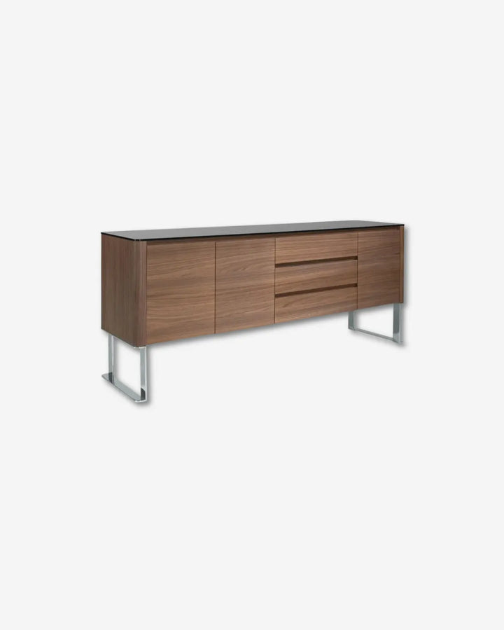 Walnut sideboard, chrome-plated steel and black glass top