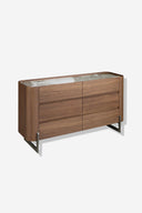 Chest of drawers in walnut, mink metal steel and porcelain marble top