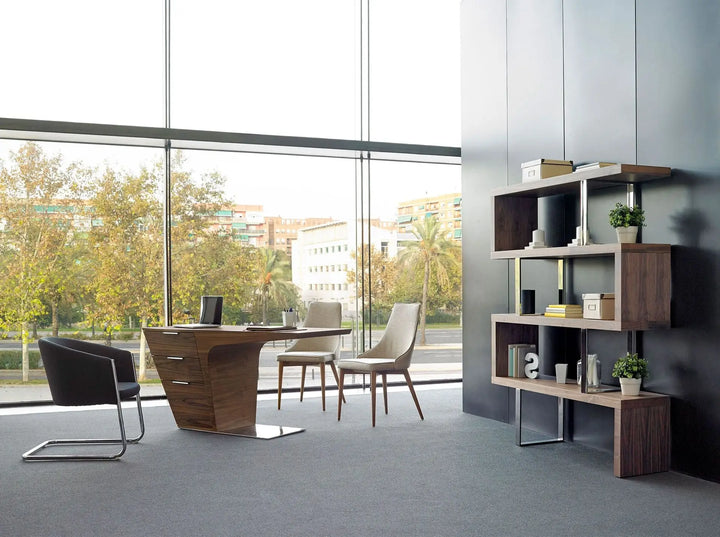 Bureau van notenhout en onderstel van chroomstaal