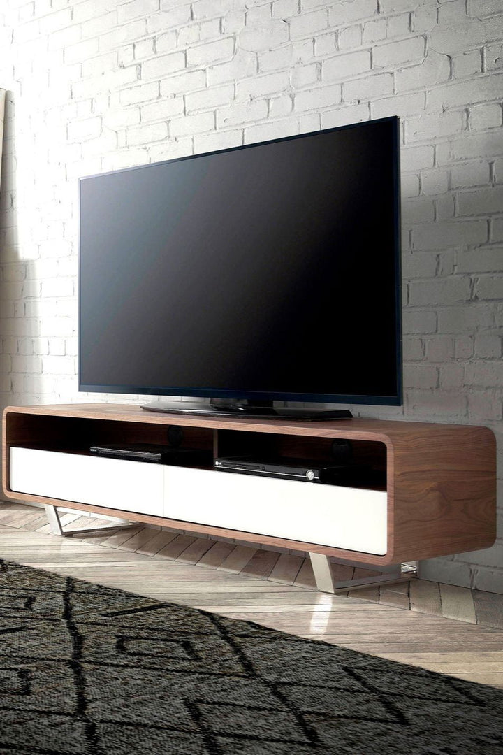 Mueble TV madera blanco, nogal y acero cromado