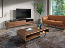 mueble tv nogal, acero cromado y tapa de cristal negro, vista 3