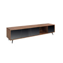 Mueble TV cristal negro efecto espejo, nogal y acero negro