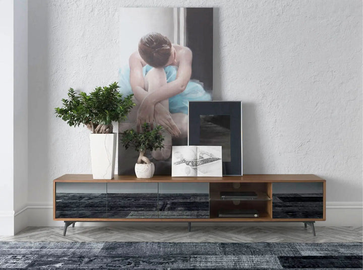 Mueble TV cristal negro efecto espejo, nogal y acero negro
