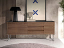 Walnut sideboard, chrome-plated steel and black glass top