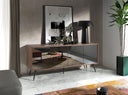 Sideboard aus schwarzem Glas mit Spiegeleffekt, Walnuss und schwarzem Stahl