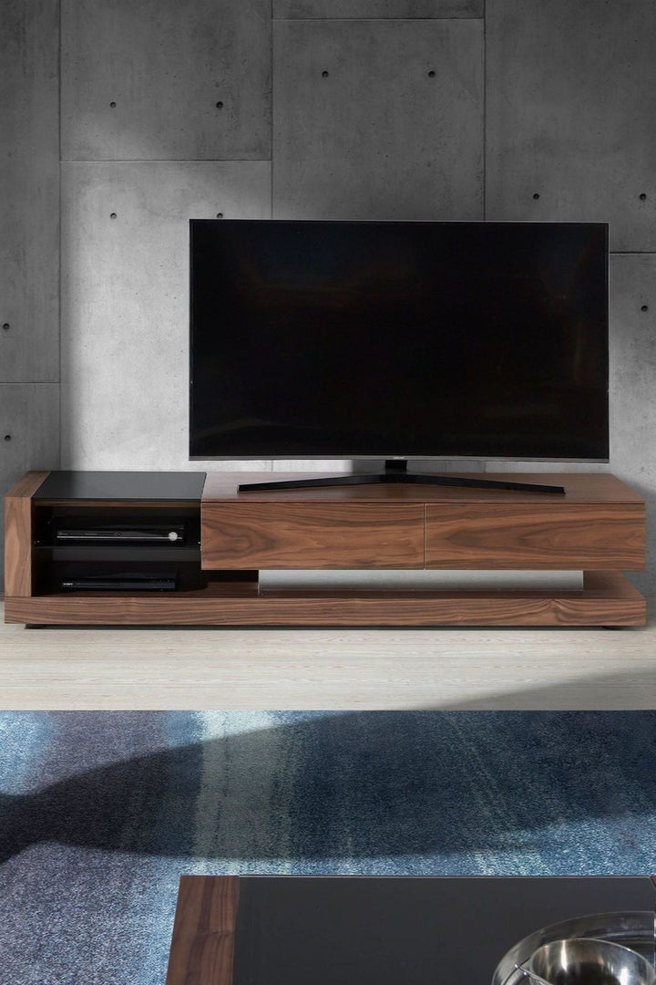 Mueble TV nogal, acero pulido y tapa de cristal negro
