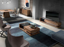 Mueble TV nogal, acero pulido y tapa de cristal negro