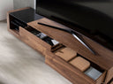 mueble tv nogal, acero pulido y tapa de cristal negro