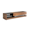 Mueble TV nogal, acero pulido y tapa de cristal negro