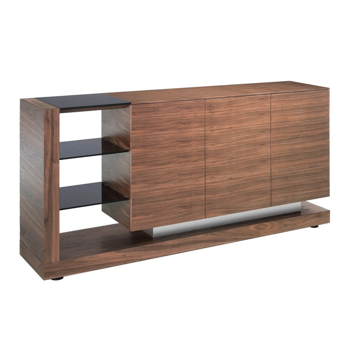 Dressoir van notenhout, gepolijst staal en zwart glazen blad