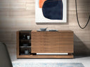 Walnut sideboard, polished steel and black glass top
