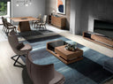 Walnut sideboard, polished steel and black glass top