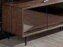 mueble tv cristal negro efecto espejo, nogal y acero negro