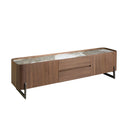 Walnut TV cabinet, mink metal steel and porcelain marble top