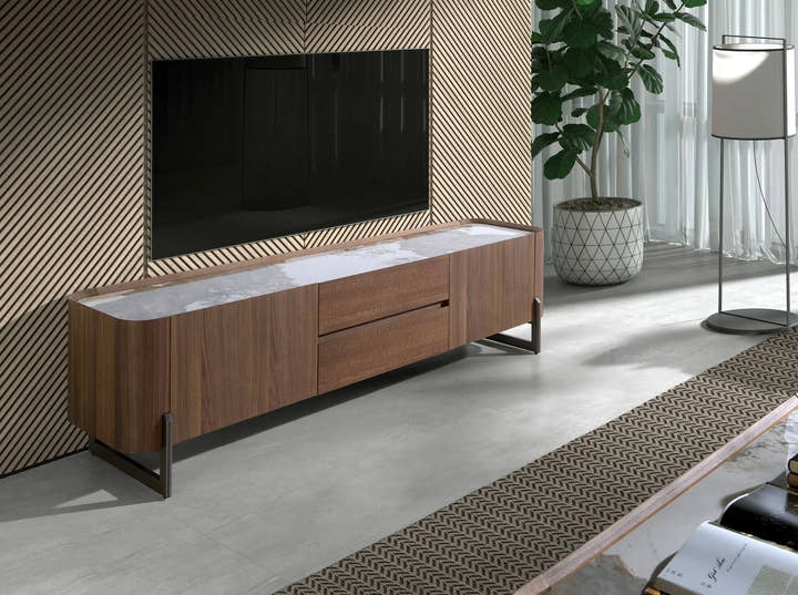 Mueble TV nogal, acero visón metal y tapa de mármol porcelánico - Mueble TV - El Workshop - Natural
