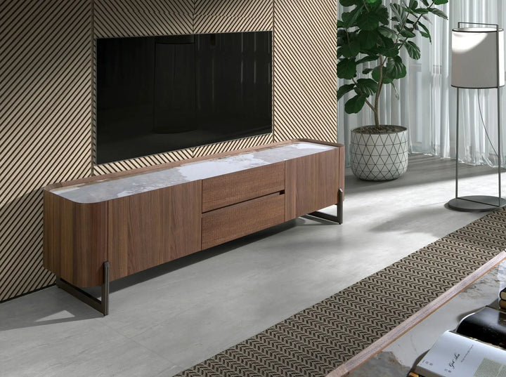 Mueble TV nogal, acero visón metal y tapa de mármol porcelánico