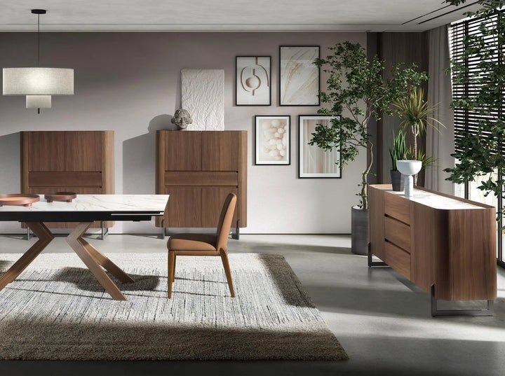 Aparador nogal, acero visón metal y tapa de mármol porcelánico