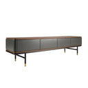 TV cabinet in dark grey wood, black steel and walnut top
