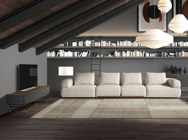 Mueble TV madera gris oscuro, acero negro y tapa de nogal